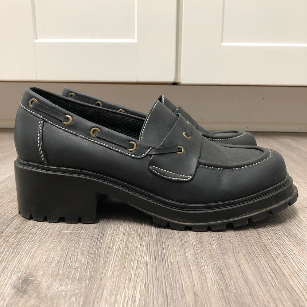 Vintage Fashion Bug Y2K Women's Size 9 Chunky Black Platform Loafers Lug Sole